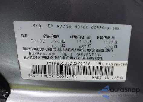 2002 Mazda Mx-5 Miata Cloth/Ls/Se z USA, uszkodzony, nr VIN JM1NB353320224726
